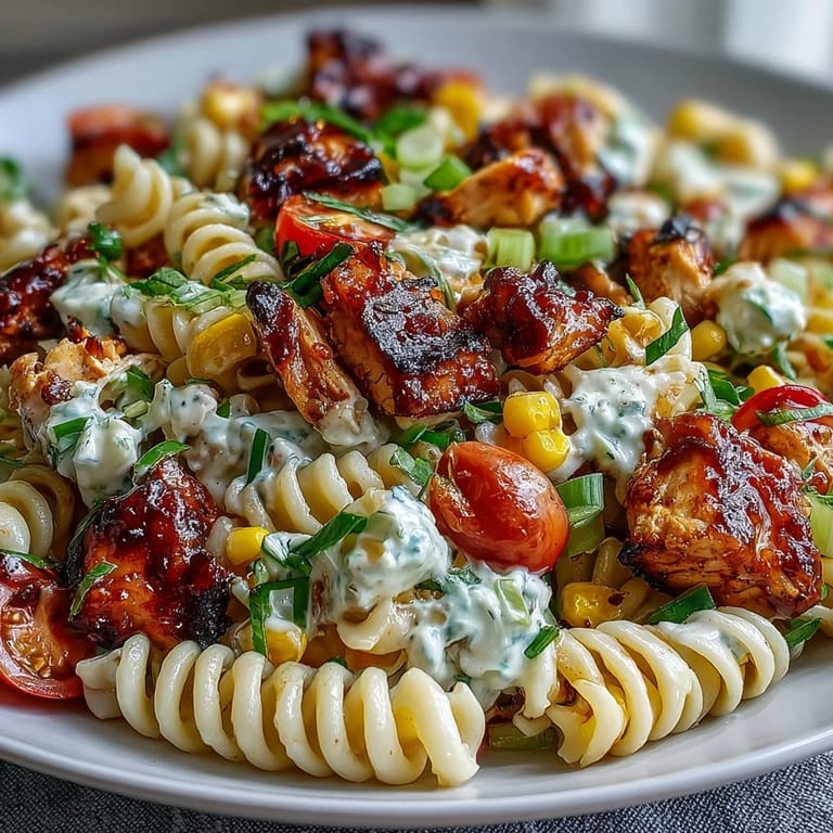 Creamy Honey BBQ Chicken Pasta Salad served in a clear glass bowl, garnished with chives and a drizzle of smoky dressing, perfect for easy potlucks.