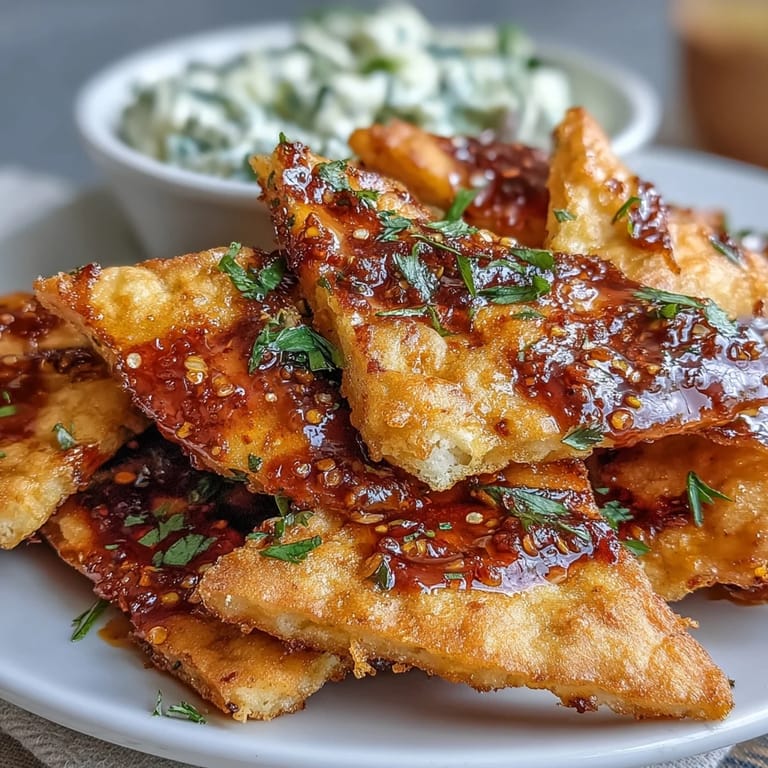 Baked triangular naan chips topped with spicy chili crisp and fresh cilantro, paired with a cool and creamy Asian cucumber dip.
