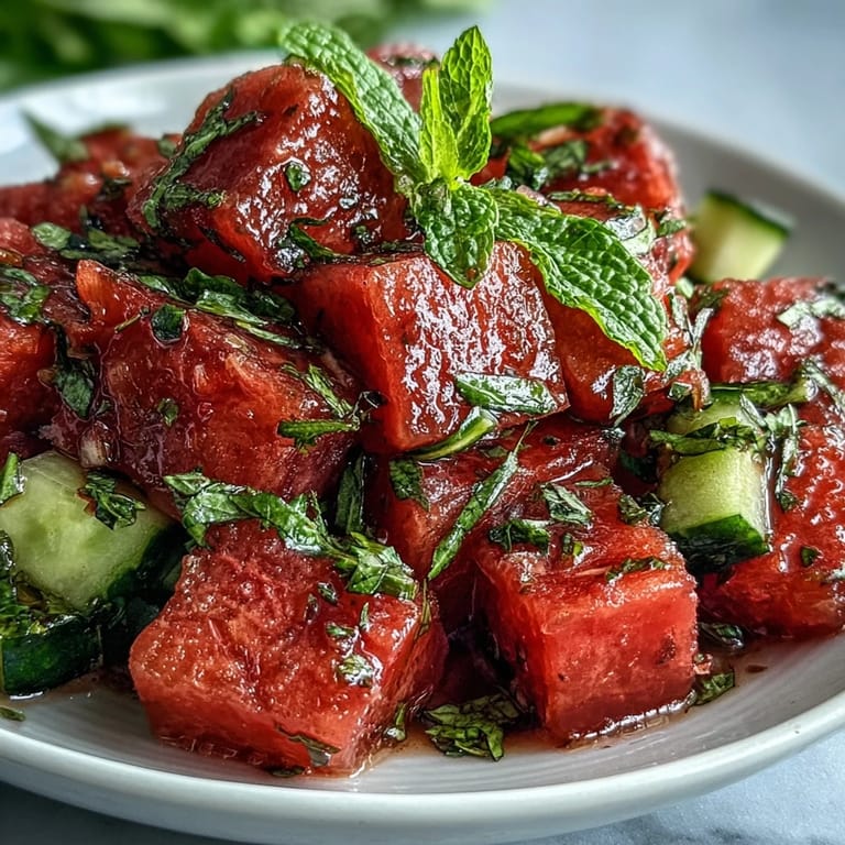 Overhead shot of vibrant Summer Watermelon Cucumber Mint Salad arranged on a wooden board with mint sprigs and lime wedges, highlighting the juicy textures and cooling, herbaceous flavors.