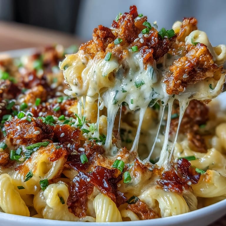 A close-up of Korean-Style Turkey Mac & Cheese highlights tender macaroni, saucy turkey, and vibrant scallions, perfect for weeknight family meals.