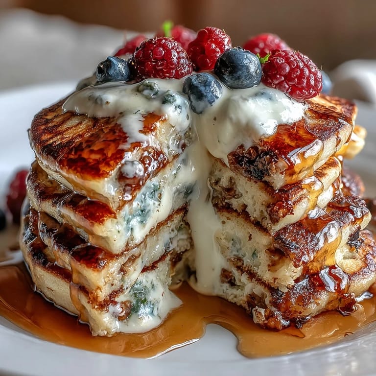 Protein-packed pancakes filled with juicy berries, golden brown and drizzled with honey, served alongside a dollop of tangy Greek yogurt.