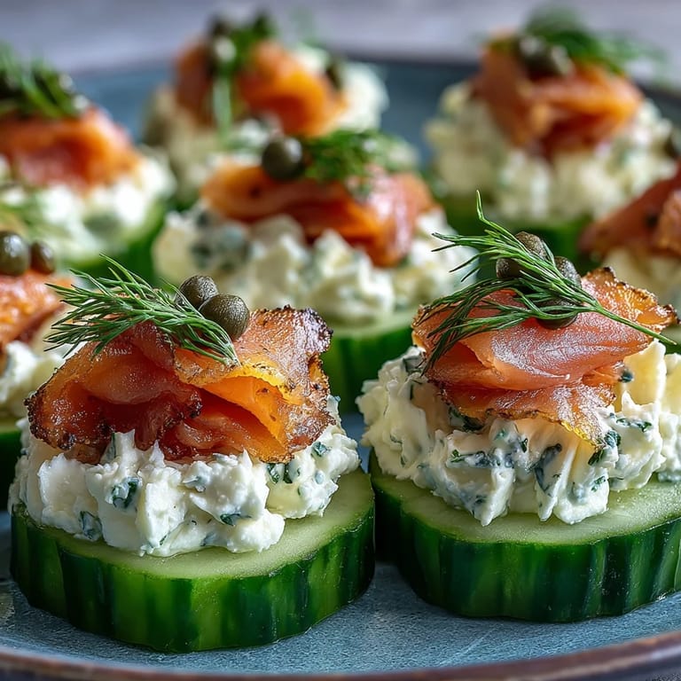 Close-up of creamy keto cucumber bites topped with smoked salmon and capers for a low-carb appetizer.