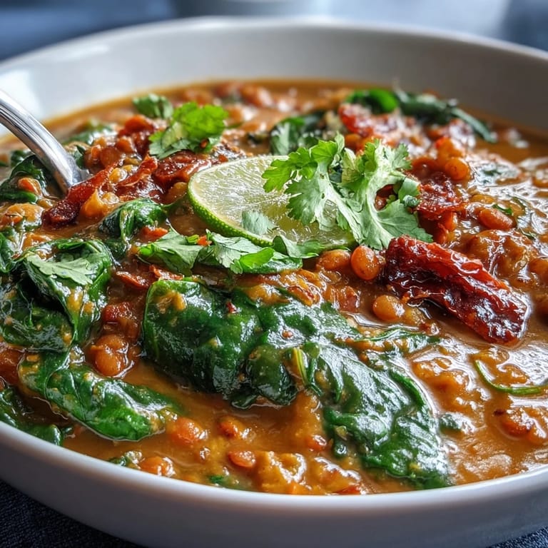 Creamy coconut lentil dahl with spinach and lime, served in a rustic bowl with vibrant garnishes and a side of warm flatbread.