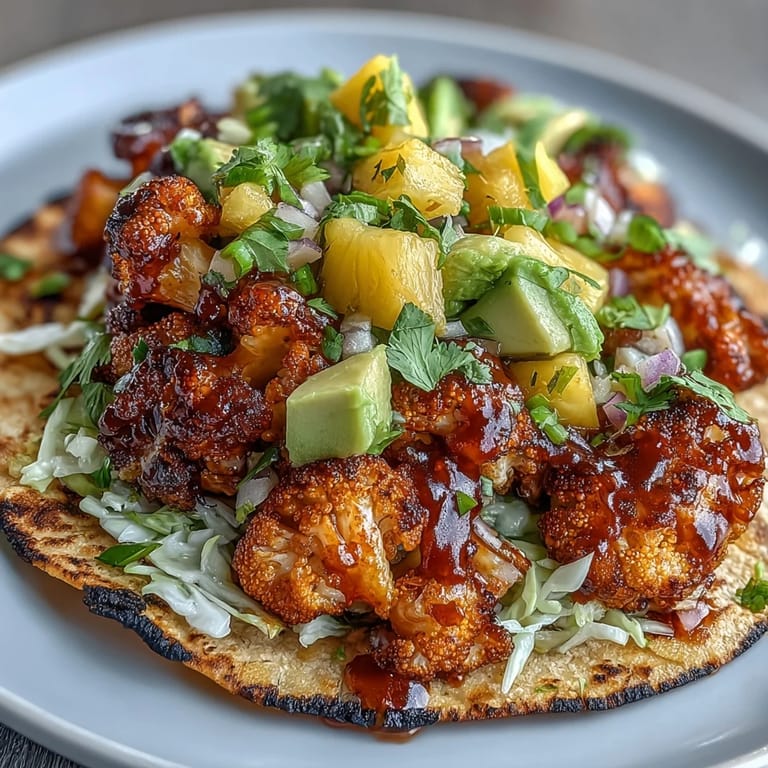 Vegan tacos featuring caramelized BBQ cauliflower and refreshing pineapple salsa, garnished with crunchy cabbage.