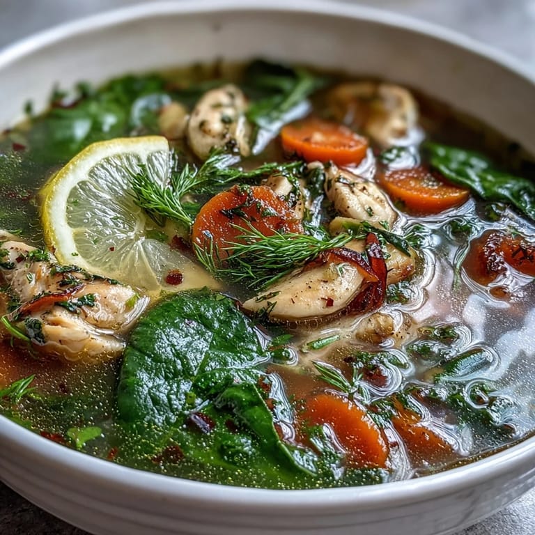 A nourishing bowl of One-Pot Chicken and Veggie Detox Soup, filled with colorful vegetables, herbs, and a splash of citrus.  