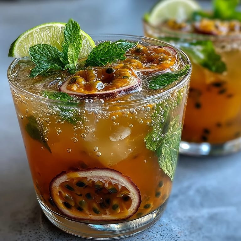 Vibrant passionfruit rum cocktails with muddled mint and lime, chilled and sparkling for a festive drink experience.