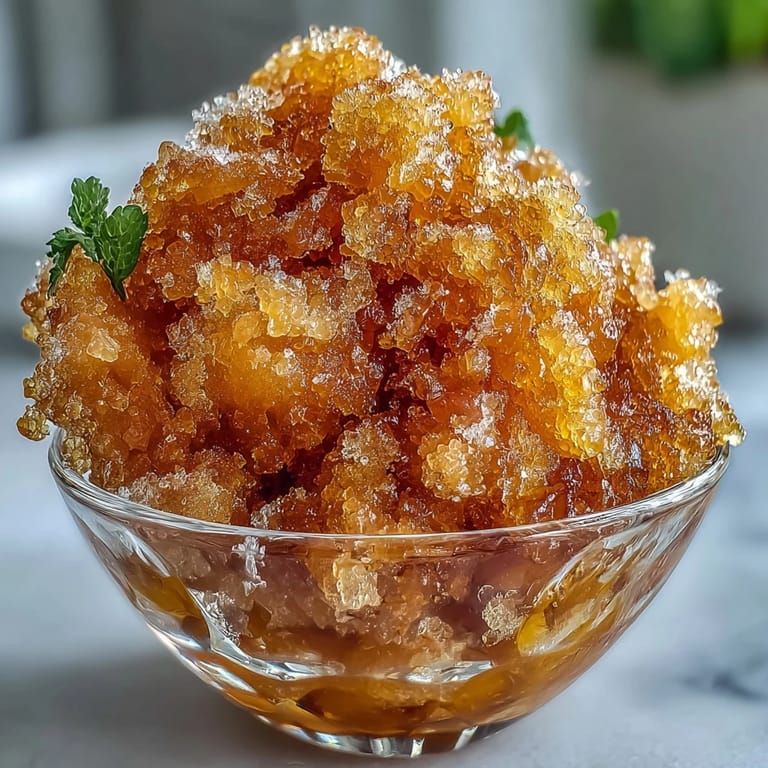 Fluffy mango granita made from ripe fruit and lime, offering a dairy-free, vegan treat with vibrant color and taste.