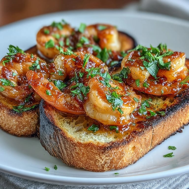Zesty sautéed shrimp in spicy Calabrian chili oil piled high on golden, crunchy bread slices for a bold appetizer.  