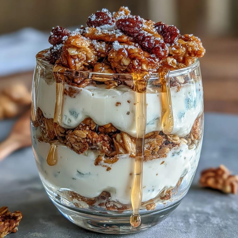 A vibrant yogurt parfait with fresh berries, crunchy granola, and a decadent salted honey drizzle in a clear glass jar.