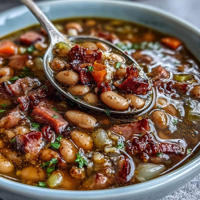 Cozy ham bone bean soup with navy beans, diced vegetables, and a hint of paprika served with crusty bread.