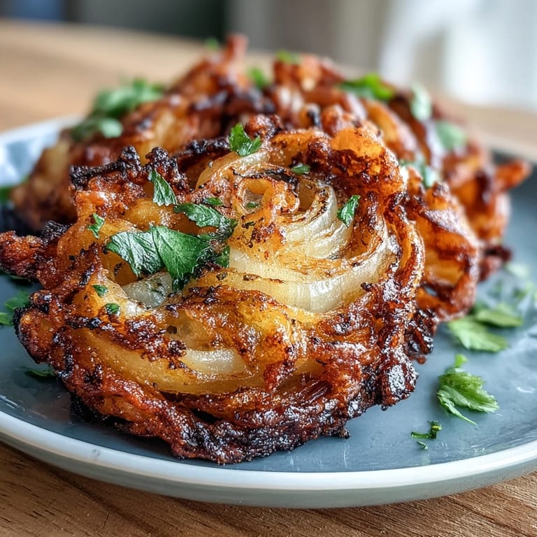 Light and flavorful onion fritters, spiced with turmeric and cumin, air-fried until golden and crisp.