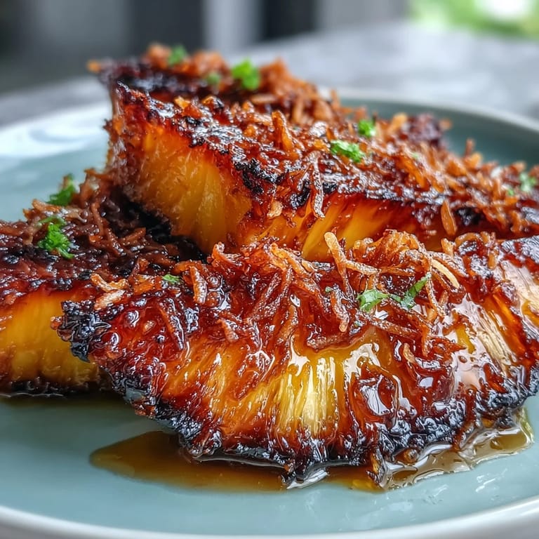 Golden roasted pineapple with honey-lime glaze and crunchy toasted coconut, served warm for a delightful dessert.