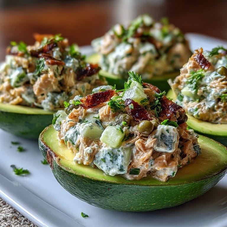 Avocado halves filled with a savory, herb-packed chickpea salad, perfect for a gluten-free and vegan main dish.