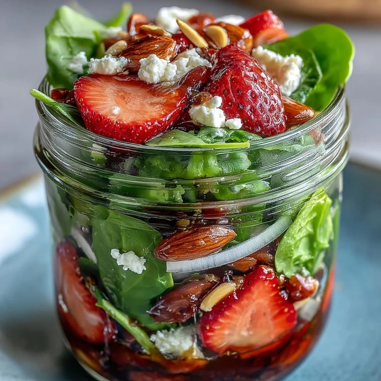 Mason jar salad featuring vibrant spinach, juicy strawberries, creamy feta, and crunchy almonds, all tossed in tangy balsamic vinaigrette.