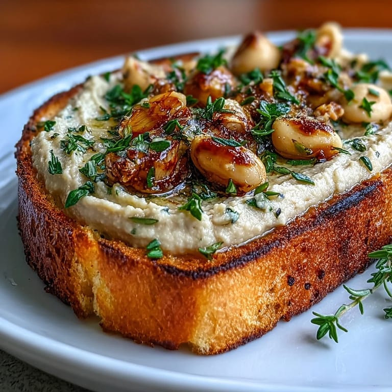 Smooth white bean and sweet roasted garlic spread served on rustic sourdough toast, offering a rich, vegan-friendly option for appetizers or light meals.