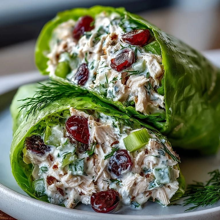 Flavorful Greek yogurt chicken salad lettuce wraps garnished with herbs and nuts, offering a satisfying and nutritious handheld dish.