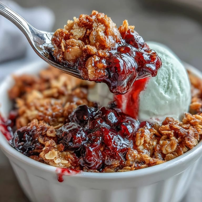 Warm and inviting, this simple berry crumble features a crisp oat topping over juicy berries, ready for dessert.  