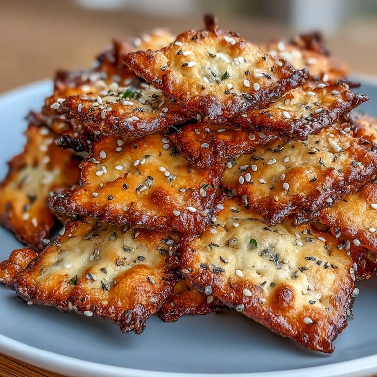 Golden sourdough cheese crackers topped with crunchy everything seasoning, perfect for a tangy homemade snack.
