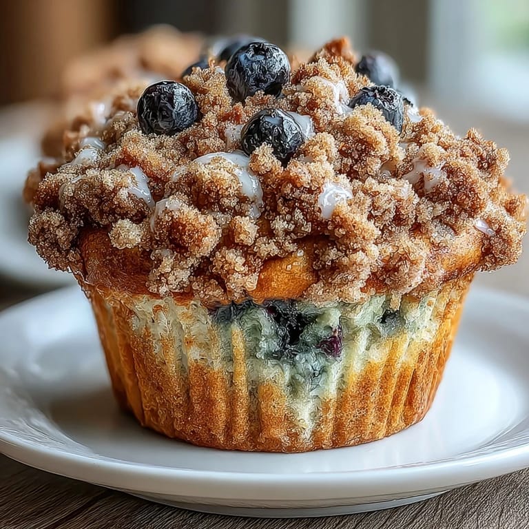 Soft, moist lemon blueberry sourdough crumb muffins bursting with citrus flavor and sweet blueberries, finished with a golden crumb topping.