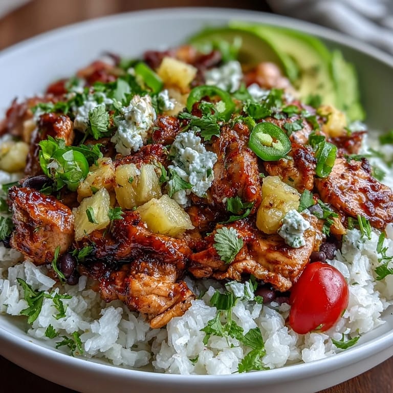 Colorful Chicken Pineapple Taco Bowls served with coconut rice, black beans, cherry tomatoes, and fresh cilantro.