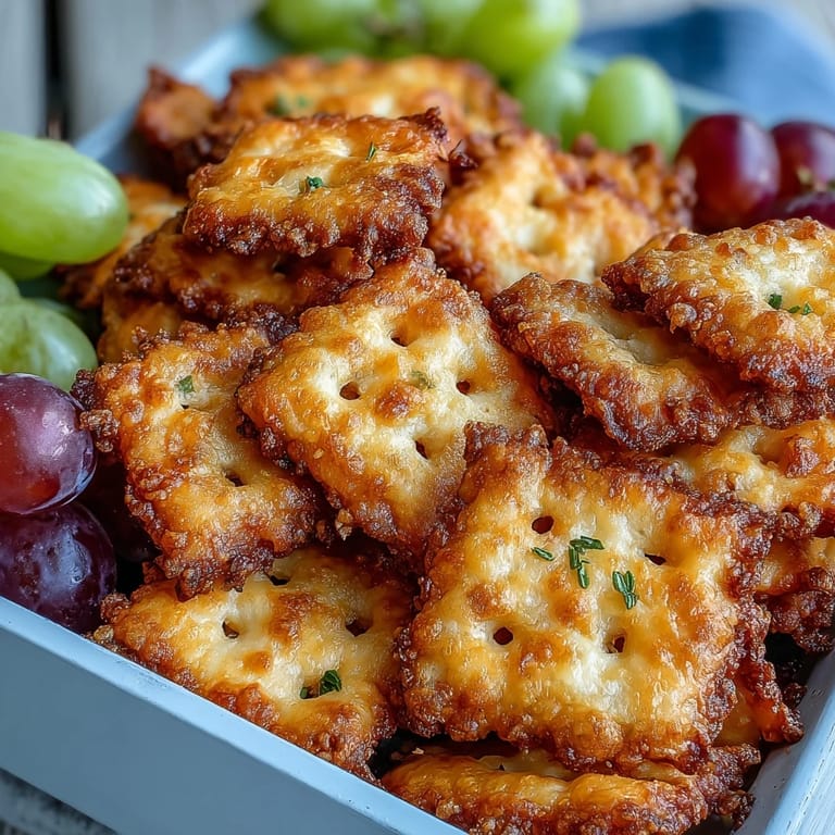 Homemade sourdough Cheez-Its served alongside juicy grapes in a portable snack box, ideal for picnics or quick bites.