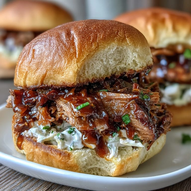 Tender slow-cooked pulled pork drenched in tangy barbecue sauce, served on slider buns with crunchy coleslaw at a baby shower buffet.