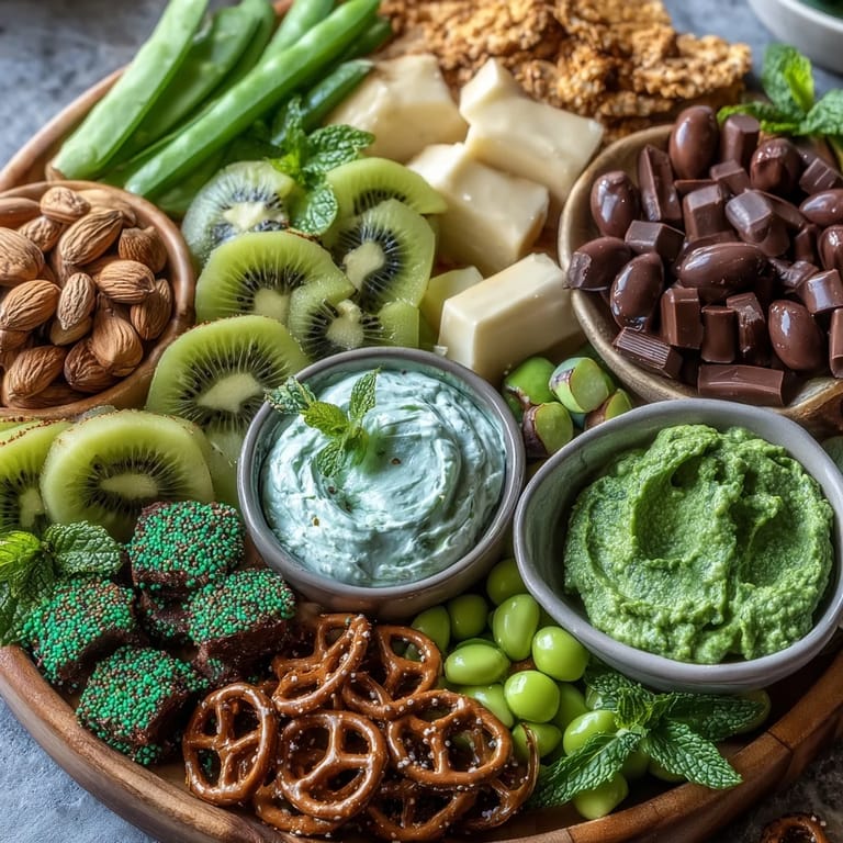 Eye-catching St. Patrick's Day grazing platter with mint candies, pistachios, and crisp green apple slices.