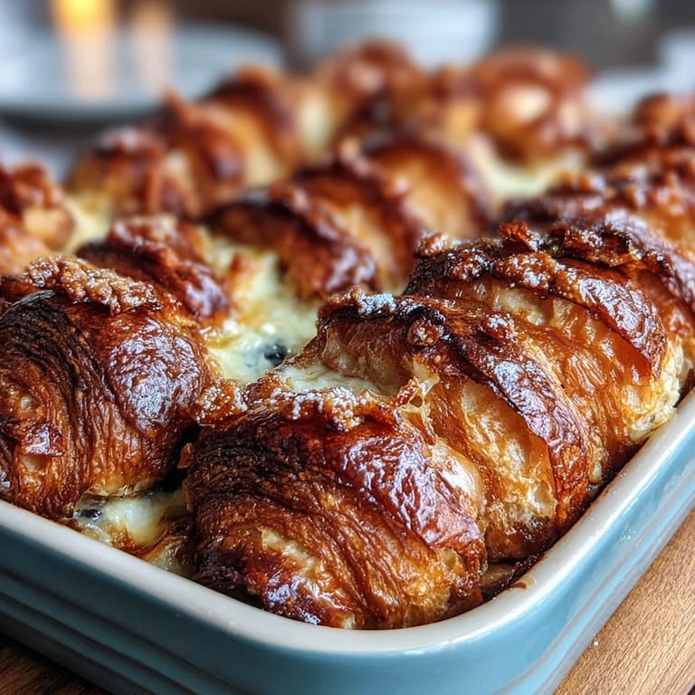 Decadent croissant French toast casserole, baked with rich custard and vibrant berries, ready to serve with a dusting of sugar and maple syrup.
