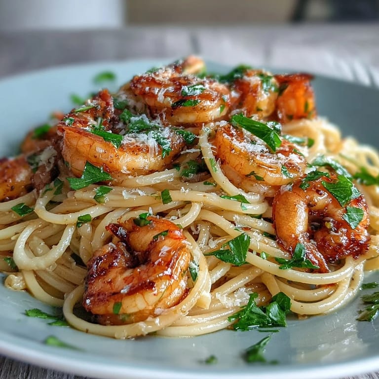 Spring Dinner Party Lemon Garlic Shrimp Pasta served in a white bowl, garnished with parsley and Parmesan, ideal for entertaining.  