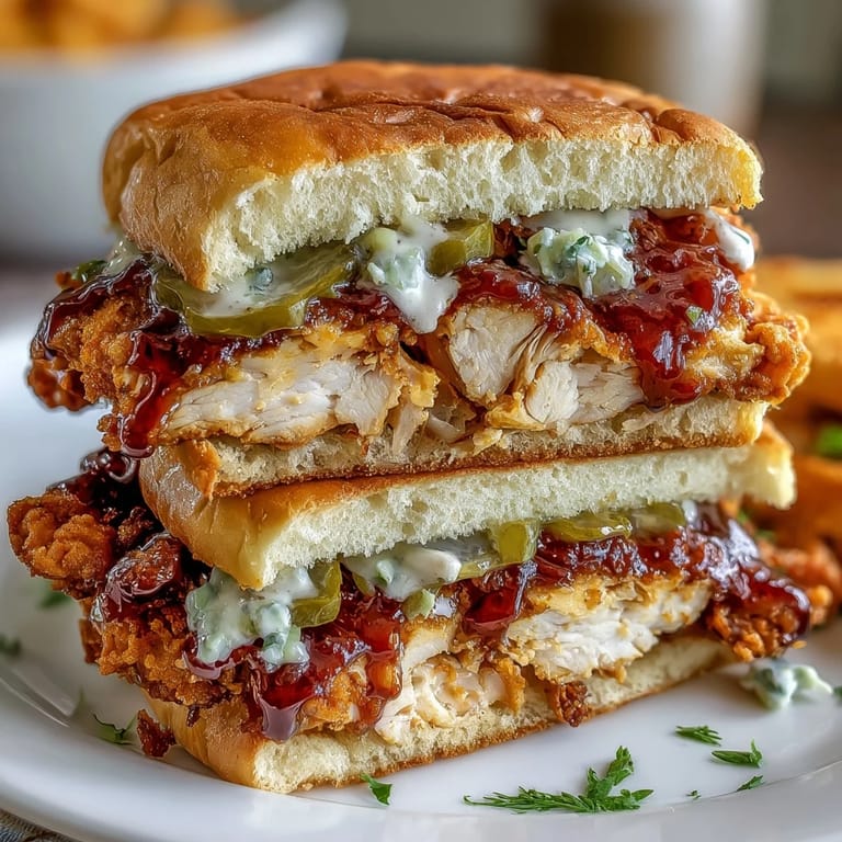 Tender shredded chicken with ranch and pepperoncini, served on a toasted brioche bun with zesty pickle slices.