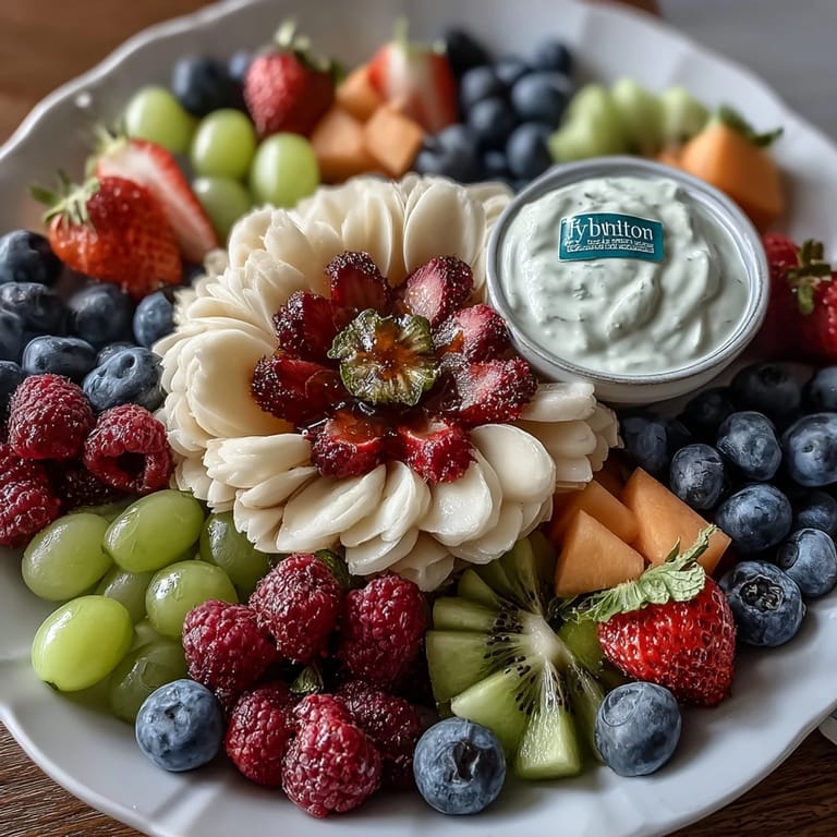 Colorful fruit arranged like spring flowers with kiwi slices, pineapple shapes, and blueberry centers, paired with a smooth vanilla yogurt dip.