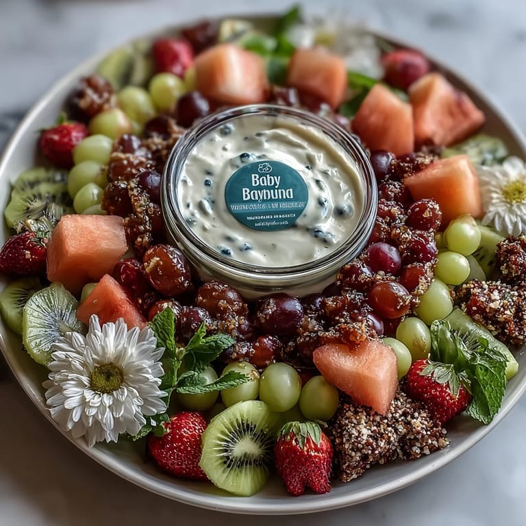 Vibrant baby shower fruit platter shaped into petals and blooms, featuring watermelon balls, cantaloupe, and a tangy honey-lemon yogurt dip.
