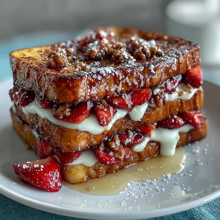 Baked Strawberry French Toast Casserole topped with cinnamon streusel and served with a dusting of powdered sugar and maple syrup.