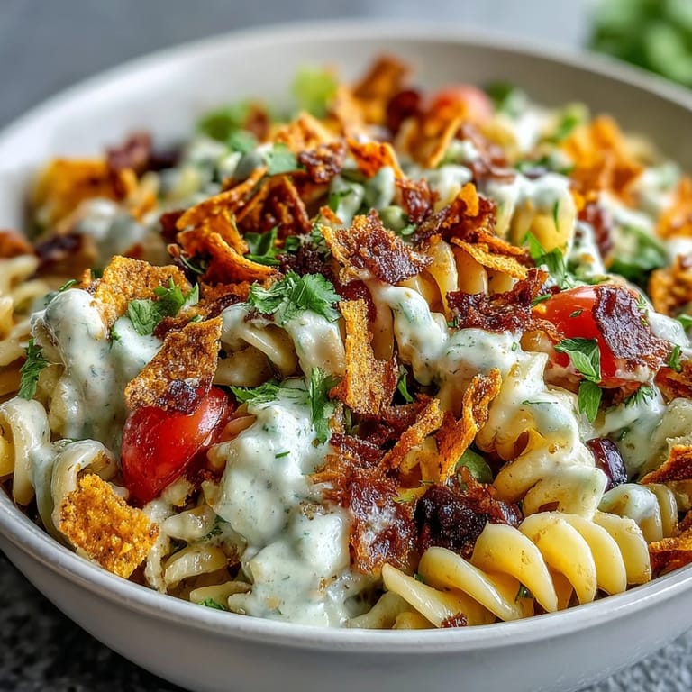 Crunchy Doritos top a hearty taco pasta salad with avocado ranch, cherry tomatoes, and shredded cheddar cheese.