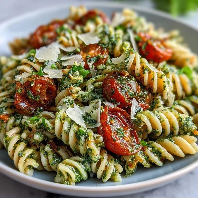 Vibrant pesto pasta salad with cherry tomatoes, arugula, and parmesan, perfect for a light vegetarian lunch or picnic.