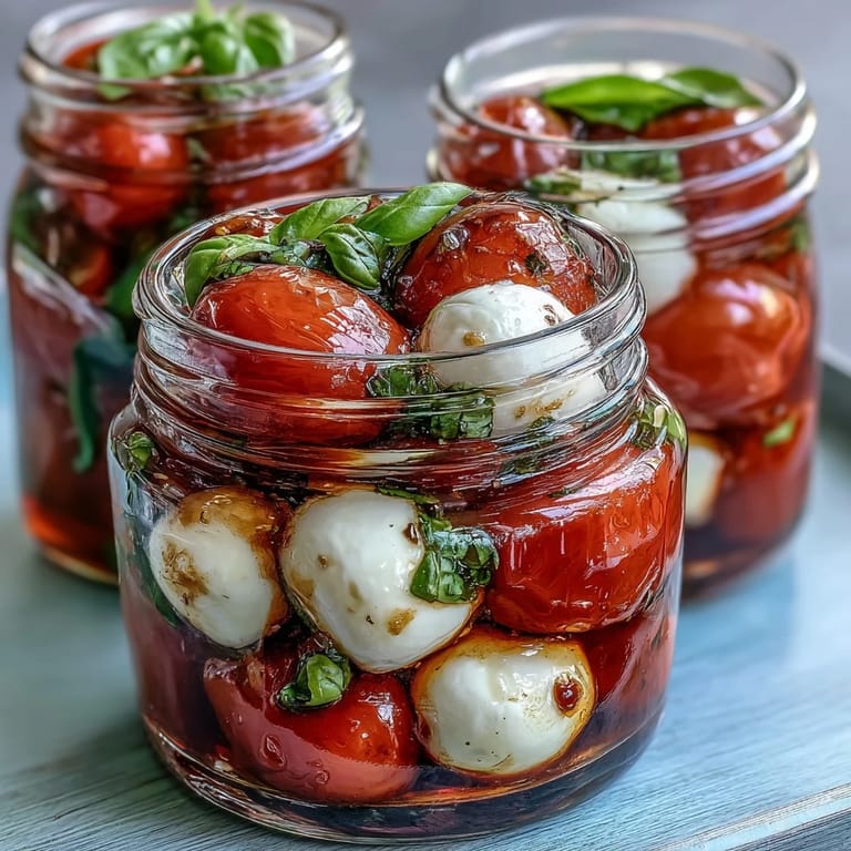 Layered Mason Jar Caprese Salad featuring juicy cherry tomatoes, creamy mozzarella, and fragrant basil leaves.  