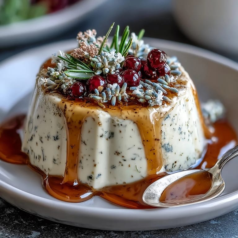 Delicate Italian dessert featuring honey lavender panna cotta, served chilled with a drizzle of golden honey.  