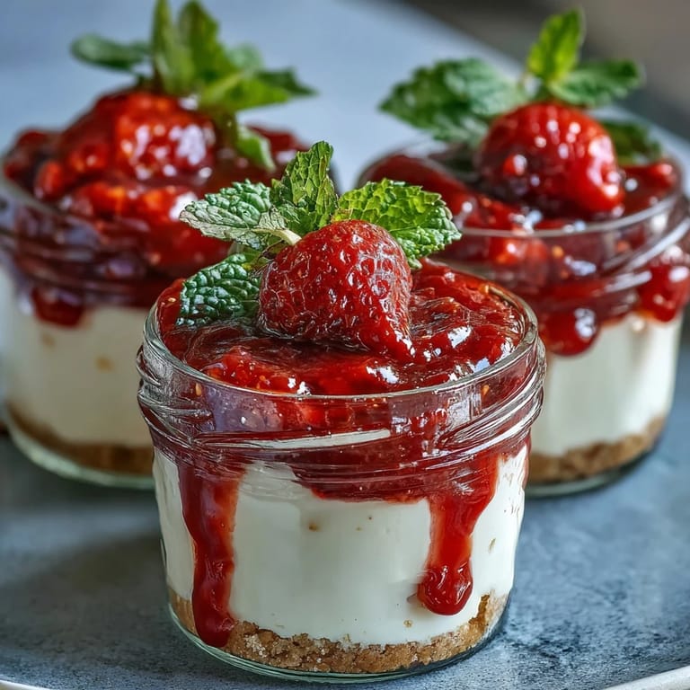 Creamy no-bake cheesecake in portable jars, layered with buttery graham base and sweet-tart strawberry compote, ideal for picnics.