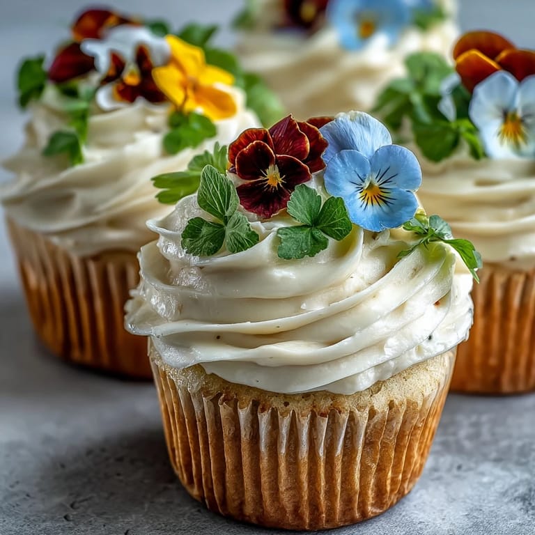 Soft vanilla cupcakes with light buttercream frosting and colorful edible flowers, perfect for spring celebrations.