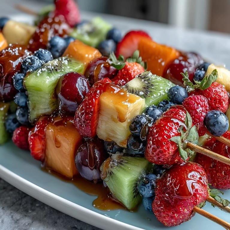 Bright and fresh rainbow fruit skewers featuring seasonal berries, melon, and citrus, accompanied by a smooth honey-vanilla yogurt dip for a crowd-pleasing treat.