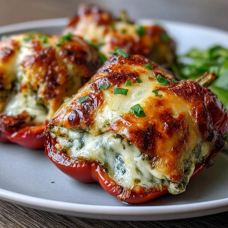 Tender mini sweet peppers filled with creamy pesto chicken and melty cheese.