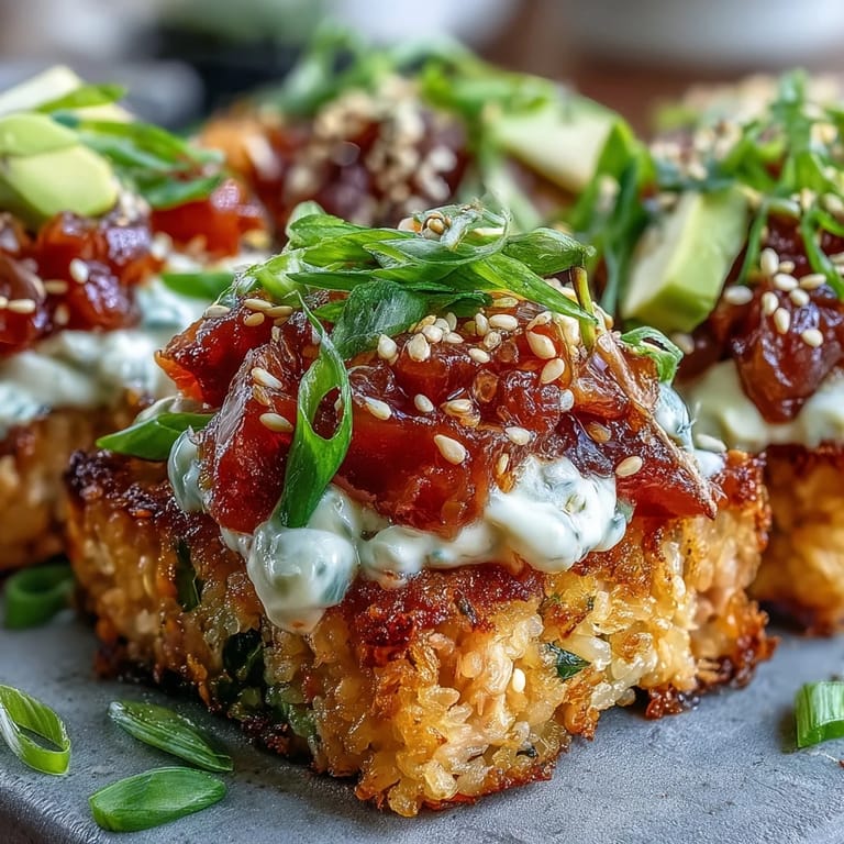 Golden-fried sushi rice bites crowned with luscious spicy tuna, sesame seeds, and green onion for a satisfying texture contrast.