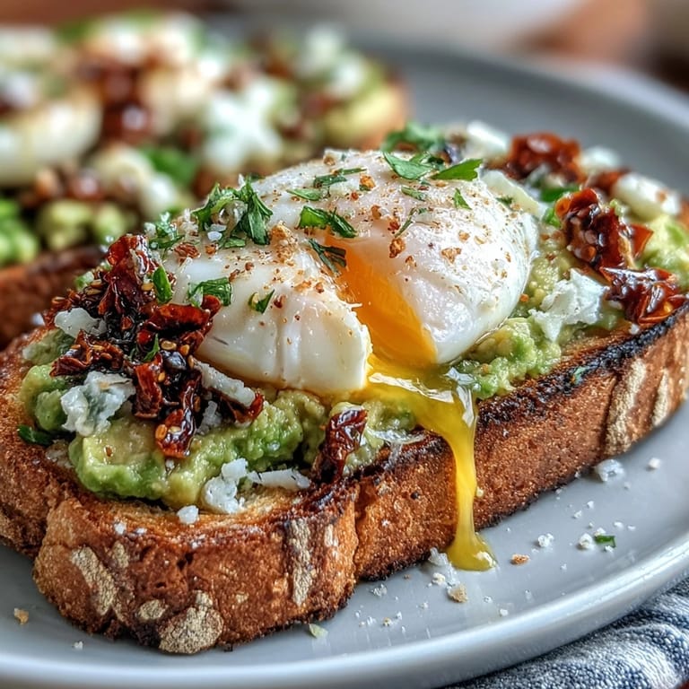 Golden toasted bread layered with smashed avocado, a tender poached egg, and a bold drizzle of chili crisp for a flavorful brunch.