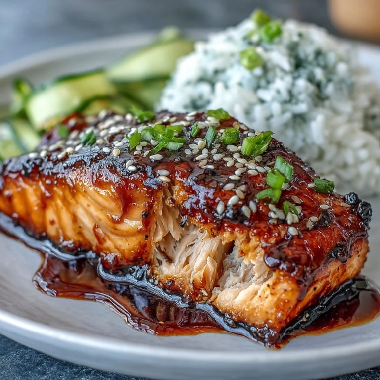 Glazed teriyaki salmon served over fluffy rice with bright edamame and cool cucumber slices in a balanced bowl.  