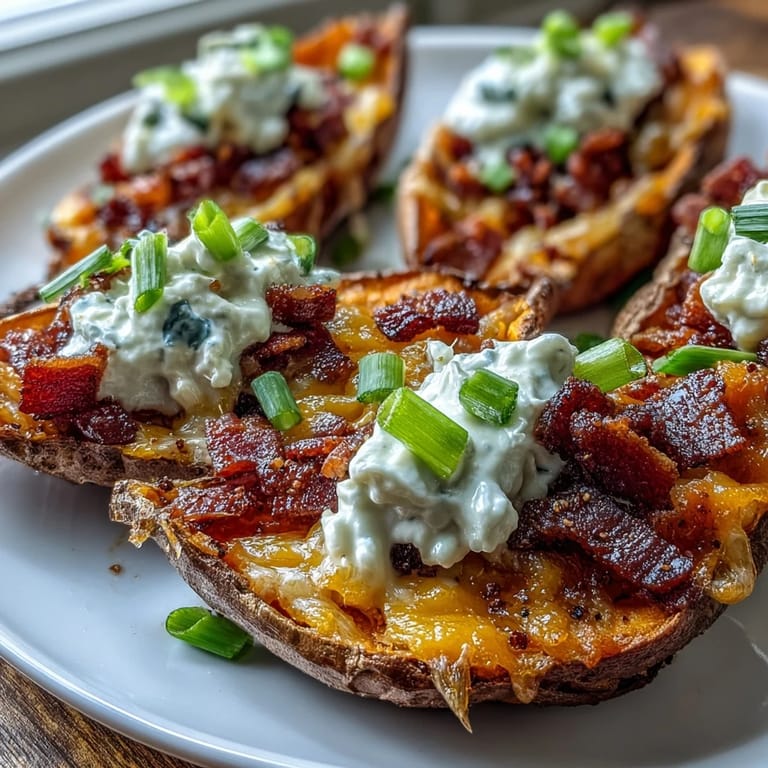 Crispy twice-baked sweet potato skins overflowing with sharp cheddar, crumbled bacon, and green onions, served hot.  