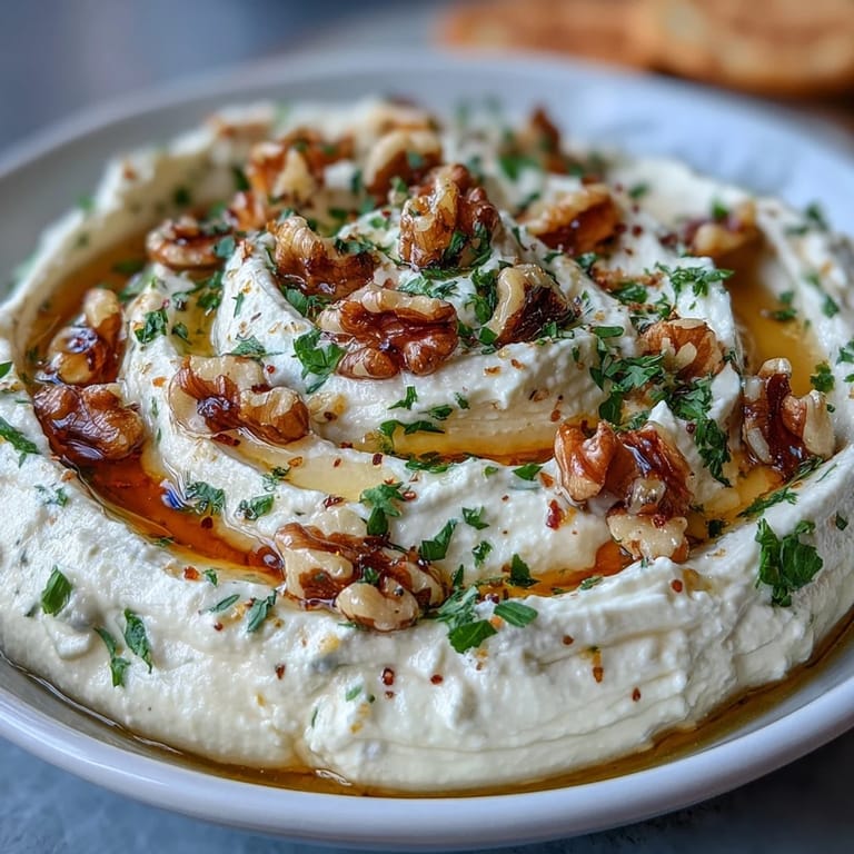 Creamy whipped feta dip drizzled with honey and walnuts, perfect for dipping pita bread or veggies.