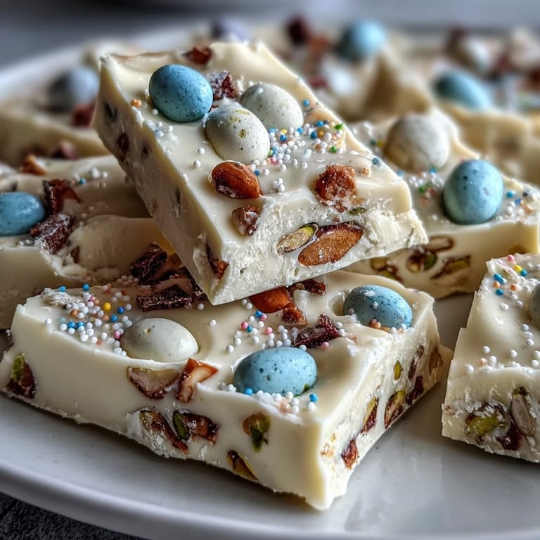 Colorful Easter bark featuring smooth white chocolate, pastel candy-coated eggs, and nutty pistachios, a delightful holiday treat.