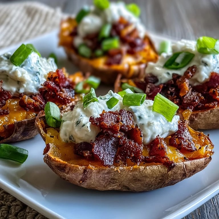 Golden baked sweet potato skins filled with gooey cheese, savory bacon bits, and cool sour cream for a crowd-pleasing appetizer.