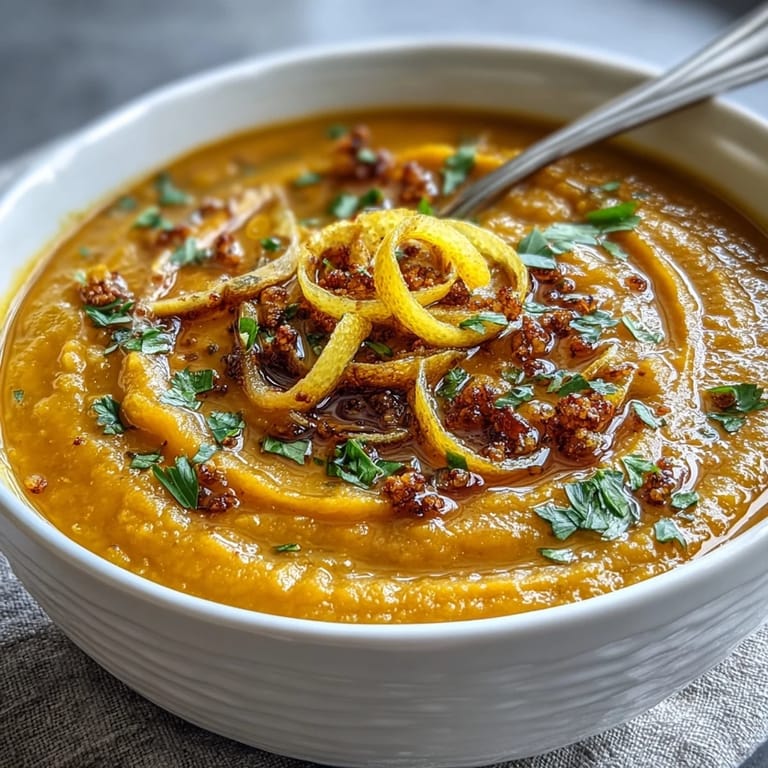 Creamy red lentil soup with golden turmeric, zesty lemon, and warming spices, served with a slice of rustic bread.  