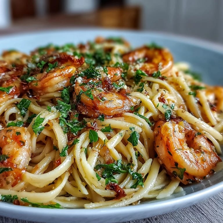 Golden linguine coated in rich Shrimp Scampi with fresh parsley garnish.